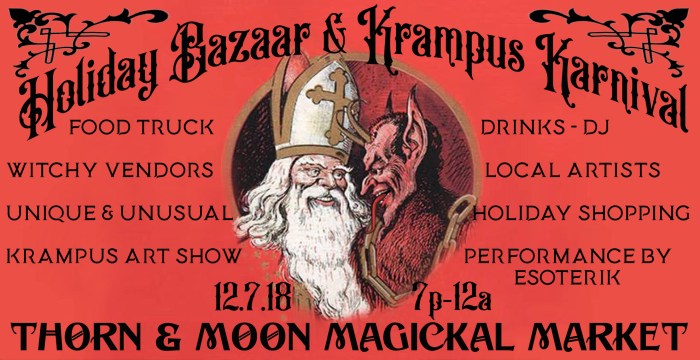 flyer, banner, krampus holiday bazaar, thorn and moon market, december 2018, houston, tx